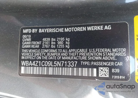 2020 BMW 430I из США, поврежденный, VIN WBA4Z1C09L5N71337